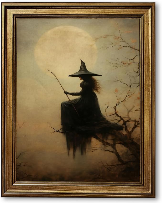 Halloween Witch And Moon Wall Art Canvas Prints Dark Academia Gothic Witch Painting Vintage Spooky Night Poster Mystical Whimsy Halloween Fall Hosting Decor for Bedroom Office 8x10inch Gold Frame - skull wall art
