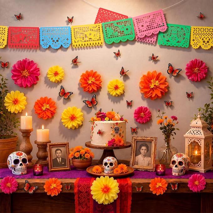 Yalikop 40 Pcs Day of The Dead Decoration Dia De Los Muertos Altar Decor - skull carpet