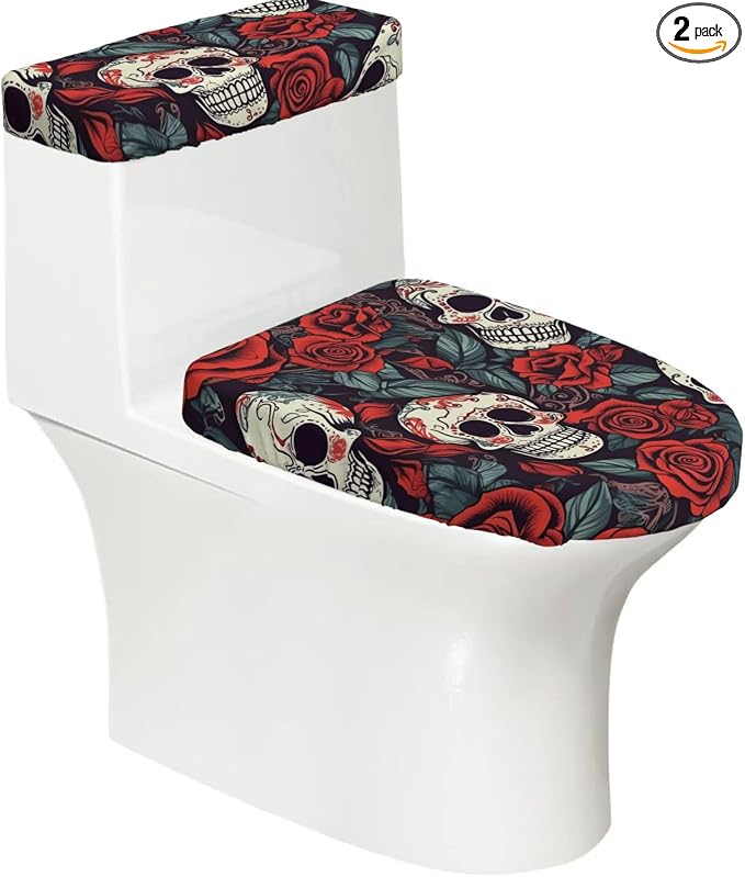 Sugar skulls and red roses Toilet Lid Cover and Toilet Tank Cover Washable Decorative Toilet Cover Set with Elastic Bottom Soft Stretch Toilet Seat Covers for Bathroom Decor Accessories - skull toilet paper