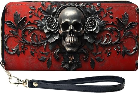 Vintage Skull White Rose Wallet with Wristlet Strap, PU Leather Large Capacity Long Wallet Bifold Clutch Purse with Card Slots & Coin Pocket Zip Around Wallet (Vintage Skull Dark Rose)