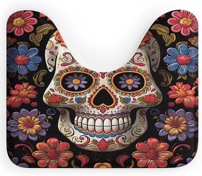 Sugar Skulls Toilet Rug U-Shaped Toilet Bath Mat Extra Soft Absorbent Contour Bathroom Rug Plush Ultra Thin Toilet Mat Non-Slip Bath Mat for Guest Room Bathroom 16x20 - skull toilet mat