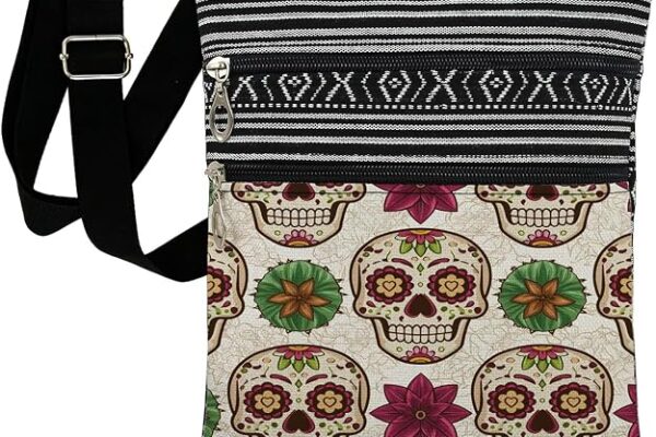 Sugar Skull Floral Pattern Print Crossbody Bag With Adjustable Strap Zipper Closure Sling Purse for Adult Women Holiday Birthday Present for Female Friends