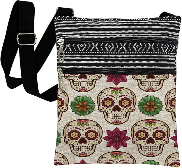Sugar Skull Floral Pattern Print Crossbody Bag With Adjustable Strap Zipper Closure Sling Purse for Adult Women Holiday Birthday Present for Female Friends