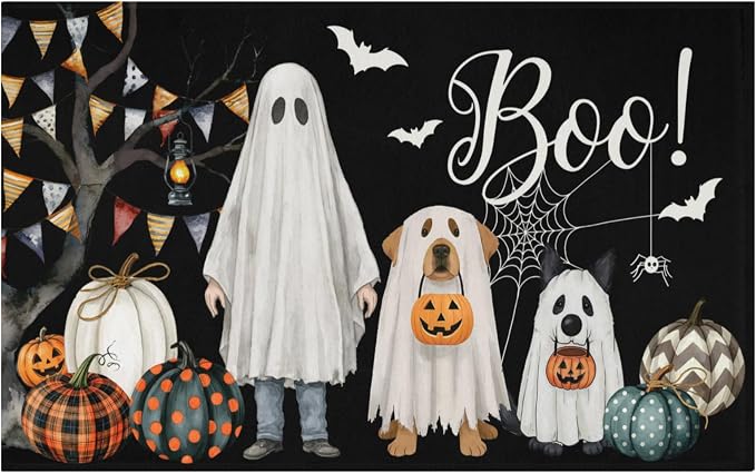 Halloween Boo Dog Bath Rug 32X20 Inch Ghost Pumpkins Bath Mats for Bathroom Non Slip Low Pile Rug Mat Holiday Scary Door Mat Floor Decor for Entrance Kitchen Entryway - skull toilet mat