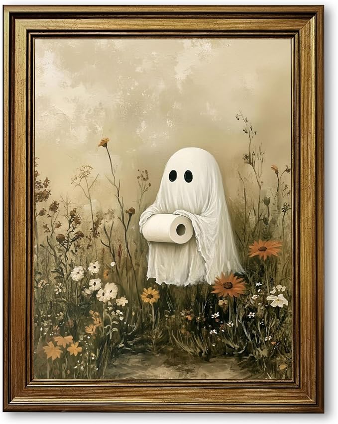 Funny Halloween Bathroom Wall Art Cute Ghost Toilet Paper Poster Spooky Toilet Art Prints Floral Ghost Painting Flowers Halloween Whimsical Room Decor for Powder Room Restroom 8x10inch Gold Frame - skull toilet paper