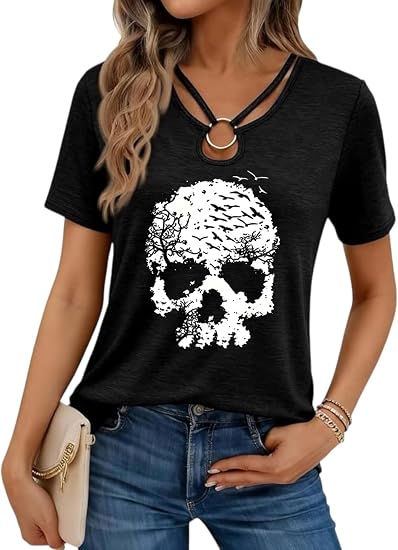 Women’s Halloween Graphic Short Sleeve Keyhole Neck Shirt