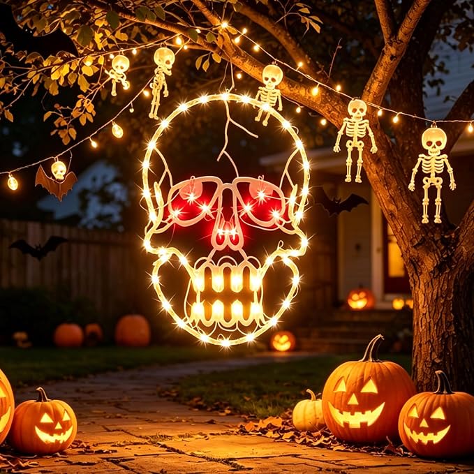 Halloween Decorations Window Silhouette, Light Up Window Lights, 13.3inch Lighted Skull for Party,Home,Patio Lawn,Garden - string light