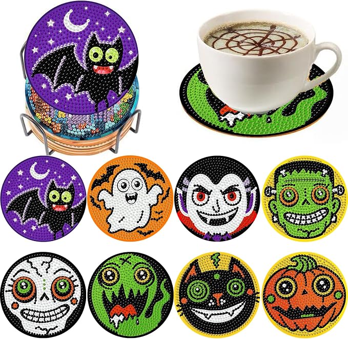 8 Pcs Halloween Diamond Art Coasters Kit for Beginners Non-Slip 3.9 inch - skull coaster