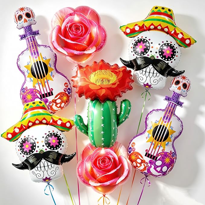 7Pcs Día de los Muertos Decorations/Mexican Fiesta Party Balloons with Sugar Skull, Skull Guitar, Rose Flower Cactus/Day of the Dead Decor for Halloween, Cinco de Mayo, Latin Heritage Celebration - skull inflatable