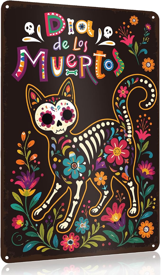 Day of the Dead Decor Dia De Los Muertos Cat Tin Sign Decorations - skull sticker