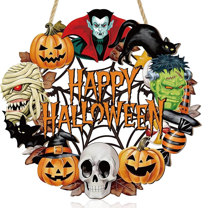 Halloween Wooden Hanging Wreath Sign, Spooky Monster Pumpkin Skull Decor - skull wreath