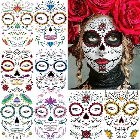8 Sheets Day Of The Dead Face Tattoos Halloween Temporary Tattoos Sugar Skull Catrina Makeup Kit, Realistic Sugar Skull Face Mask Fake Tattoo Stickers Mexico Halloween Masquerade Party Favor Supplies - sugar skull costume