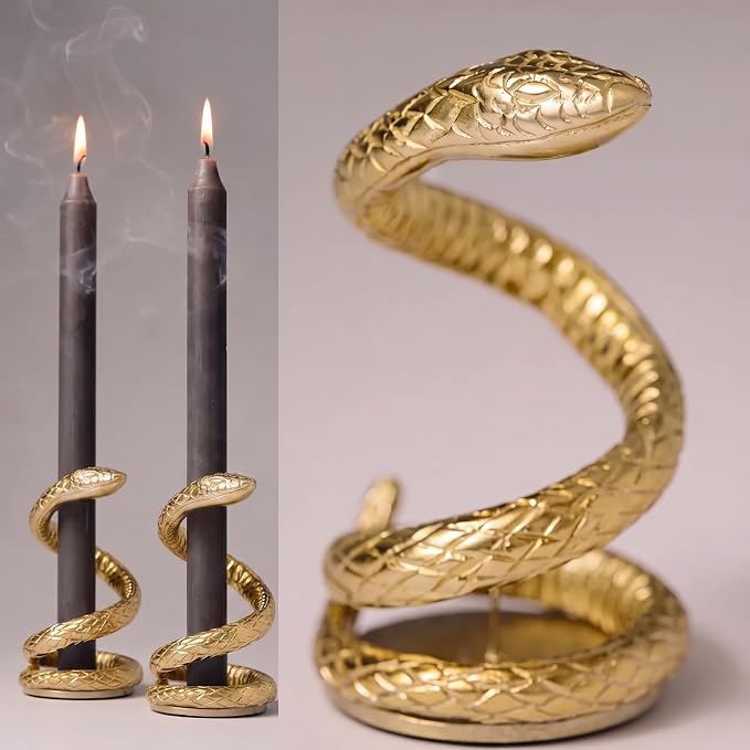 Qinyoung 2 Pcs Halloween Gothic Snake Candle Holders Gold Snake Decor - skull candle