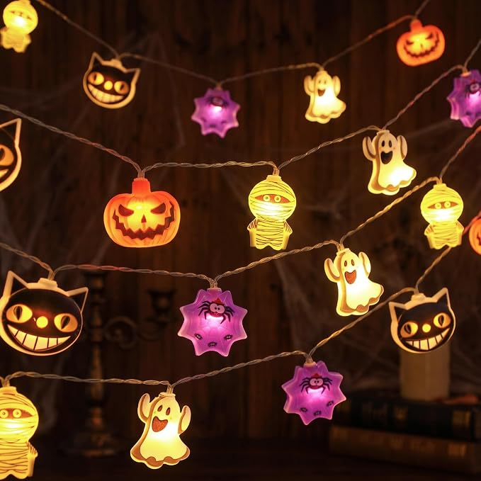 Halloween String Lights Battery Operated 10FT 20LED Halloween Fairy Lights Decor 3D Pumpkin, Ghost, Spider, Black Cat & Skull, 8 Flashing Mode, Halloween Decoration for Home Indoor Patio