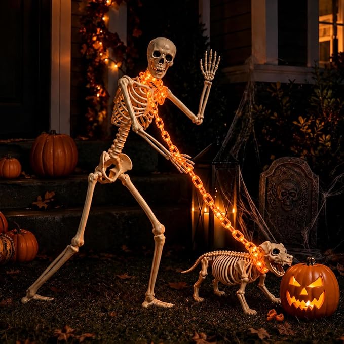 3 Ft Halloween Skeleton Decorations with Dog Skeleton & Light-Up Chain - skeleton