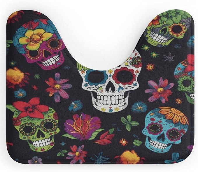 Flower Cactus Sugar Skull Toilet Rug U-Shaped Toilet Bath Mat Extra Soft Absorbent Contour Bathroom Rug Plush Ultra Thin Toilet Mat Non-Slip Bath Mat for Guest Room Bathroom 16x20 - skull toilet mat