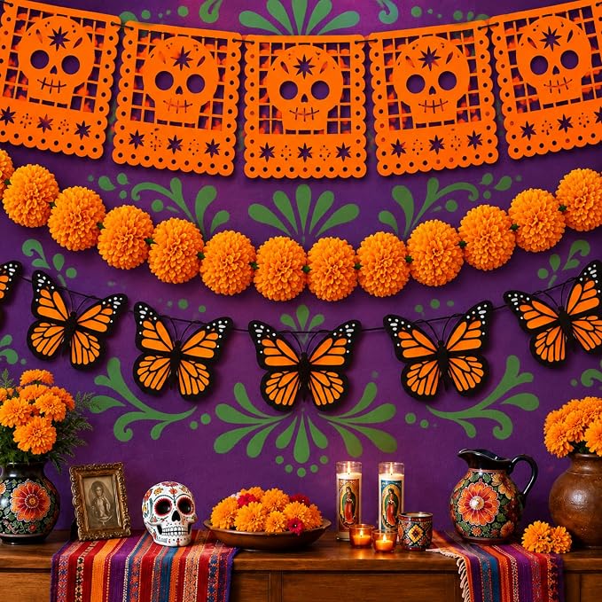 Colarr 3 Pcs Day of The Dead Banners Set for Dia De Los Muertos Decorations - skull wreath
