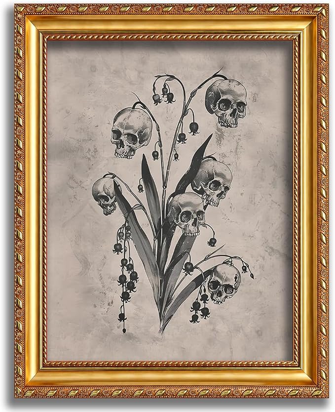 Gothic Skull Floral Wall Art, Dark Academia Decor 9x11 In Gold Framed - skull wall art