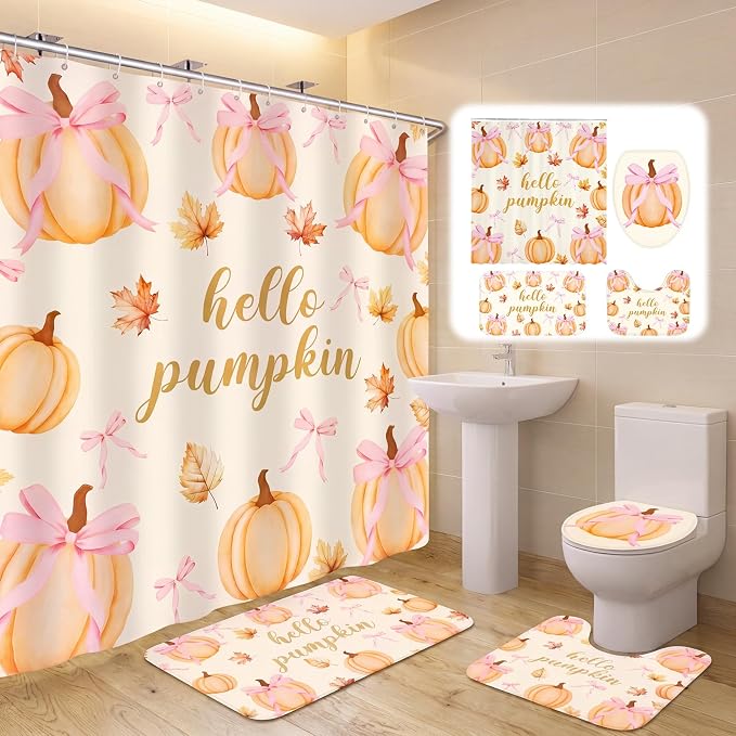 Irenare 4 Pcs Hello Pumpkin Decor Pink Bow Fall Shower Curtain Set - skull toilet mat
