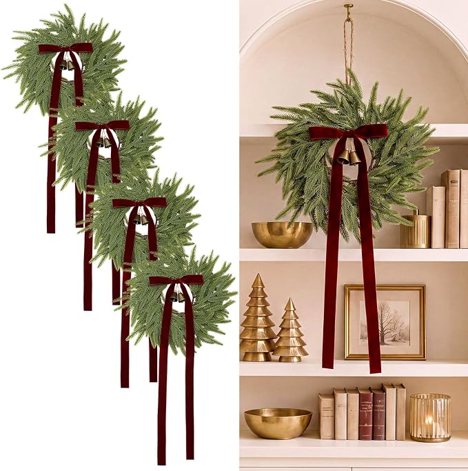 Yinder 4 Pack 12'' Christmas Kitchen Cabinet Wreath with Burgundy Bow, Bell - skull wreath