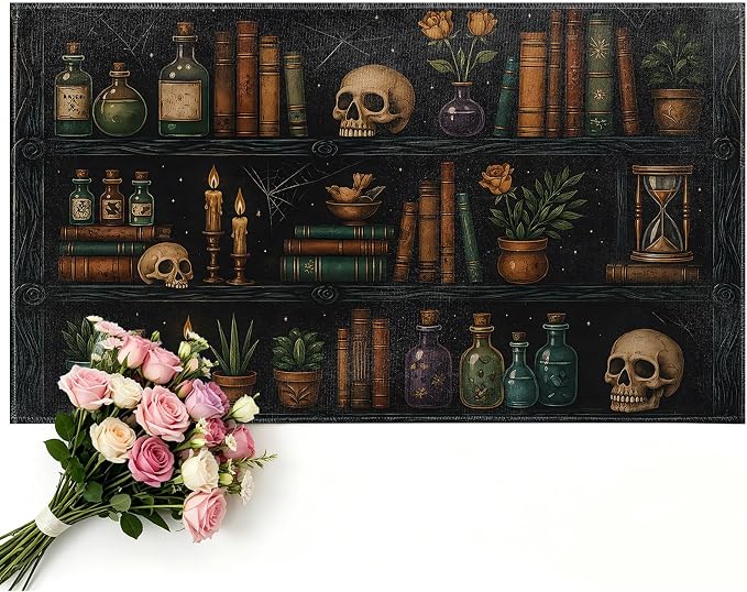Gothic Book Indoor Door Mat, Non-Slip Backing, Non-Woven Doormat 17x29.5 Inch, Vintage Goth Skull Candle Plant Decorative Rug Pad, Dark Academia Bookshelf Home Decor - skull door mat