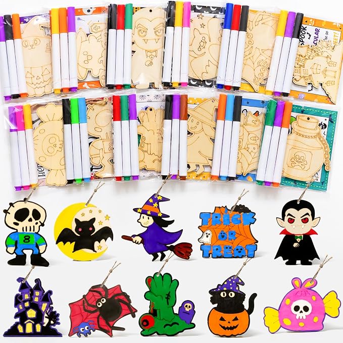 12Pack Halloween Party Favors, Pre-Packaged Wooden Craft Ornaments to Paint - skull painting
