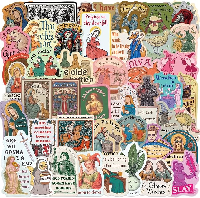 50PCS Medieval Meme Stickers Pack, Funny Surreal Middle Ages Vinyl Waterproof Retro Gothic Fantasy Aesthetic Decals for Water Bottles, Laptop, Journal, Scrapbook, Phone Case, Adults & Teens - skull sticker