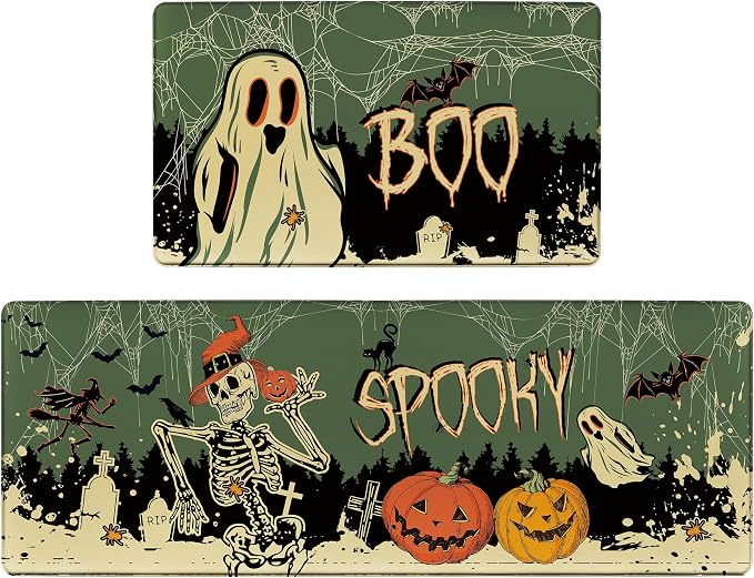 Ghosts Boo Halloween Kitchen Rugs Set of 2 Spooky Pumpkin Vintage Halloween Kitchen Decor Non Slip Anti Fatigue Cushioned Standing Floor Mats for Laundry Office (Green, 17.5"x29.5"+17.5"x47") - skull floor mat