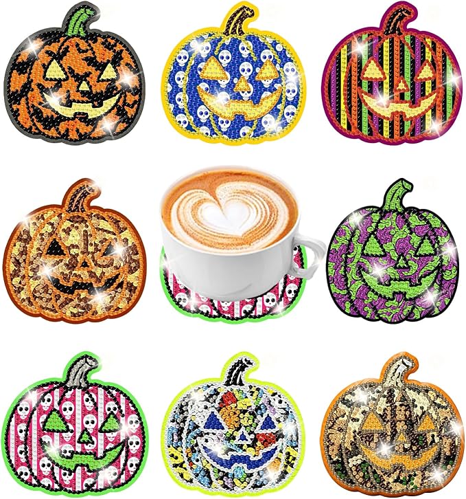xcemhil Halloween Diamond Art Painting Coaster Kit, 8Pcs Pumpkin DIY Crafts Kit with Holder, Non Slip Coaster Art Supplies for Adults, Ideal House Warming Gift - skull coaster