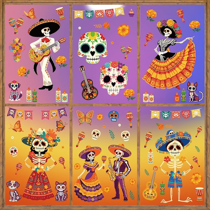 COCHIE Day of the Dead Sugar Skulls Window Clings 6 Sheets - skull sticker