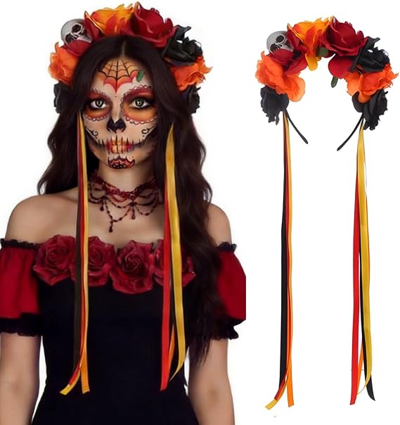 Mexican Flower Crown Headband, Day of the Dead Sugar Skull Floral Headpiece, Halloween Costume for Women - sugar skull makeup