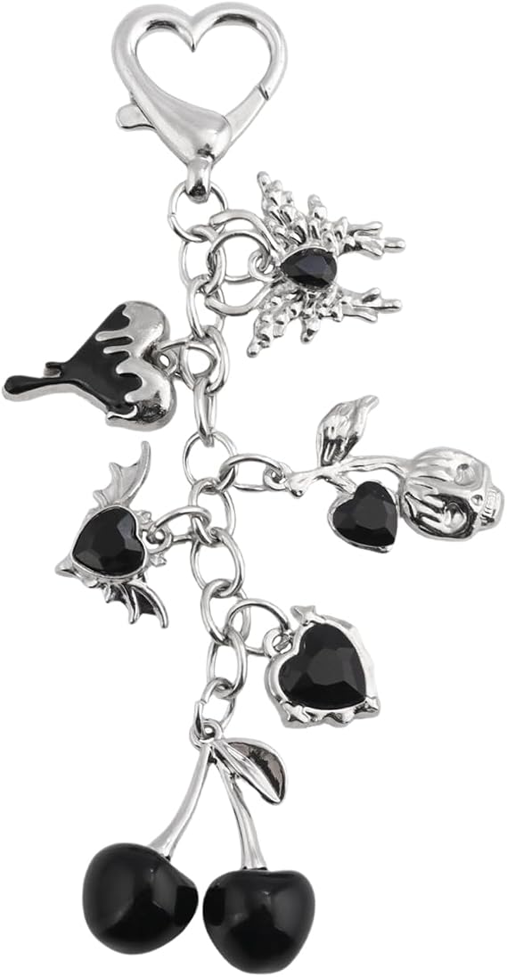 Gothic Cherry Bag Charm Keychain – Y2K Punk Skull Butterfly Heart Pendant – Accessory for Women's Handbags Wallet - sugar skull handbags for sale