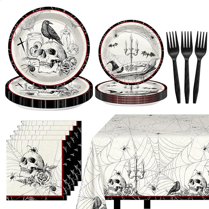 Halloween Party Decorations Gothic Crow Skull Halloween Plates and Napkins - skull plate