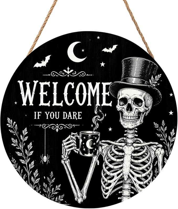 Halloween Welcome Sign for Front Door Decorations Cute Halloween Hanging Sign Home Decor Outdoor Indoor Skull Skeleton Wreath Wooden Hanger Sign for Outside Porch Wall Decorations 12"X12" - skull wreath