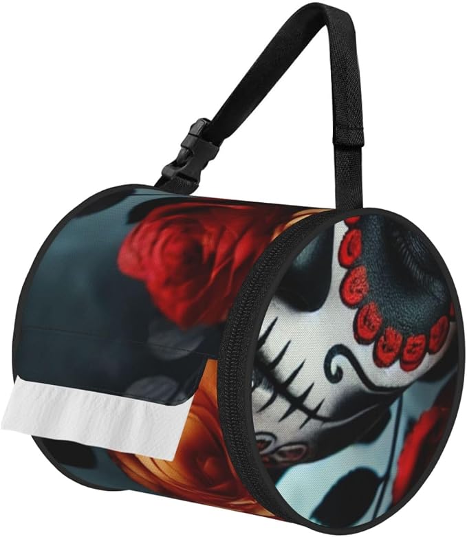 Portable Sugar-Skull-Roses Toilet Paper Holder Bag, Round 600d Oxford Cloth Tissue Storage Bag with Zipper for Camping, Car, Travel, Bathroom and Office - skull toilet paper