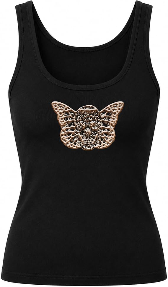 Women's Black Tank Top with Sugar Skull Butterfly Graphic, Sleeveless Casual Style - skull tank tops