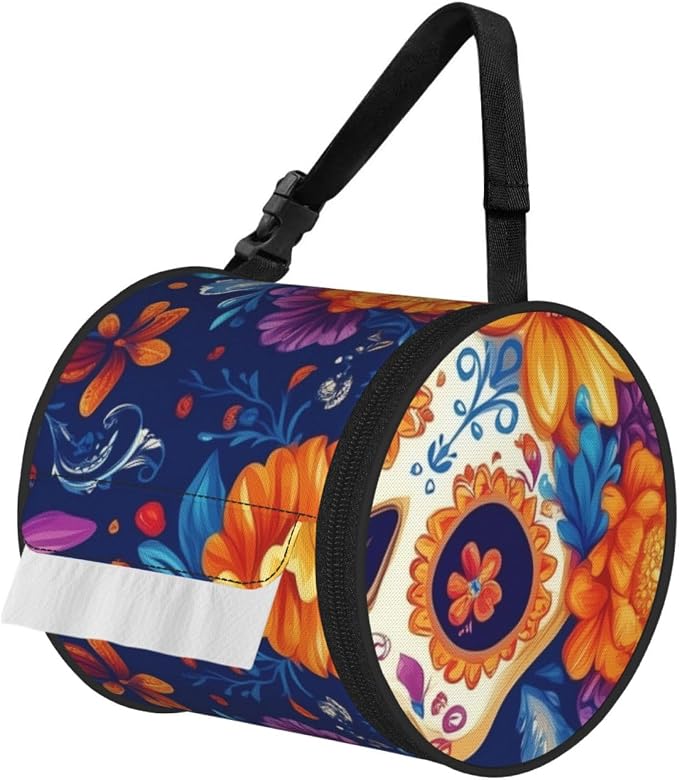 Portable Sugar-Skull-Mexico-Marigold Toilet Paper Holder Bag, Round 600d Oxford Cloth Tissue Storage Bag with Zipper for Camping, Car, Travel, Bathroom and Office - skull toilet paper