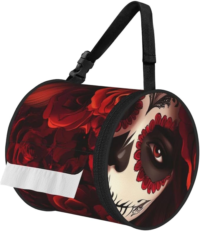 Portable Mexico-Sugar-Skull-Rose Toilet Paper Holder Bag, Round 600d Oxford Cloth Tissue Storage Bag with Zipper for Camping, Car, Travel, Bathroom and Office - skull toilet paper