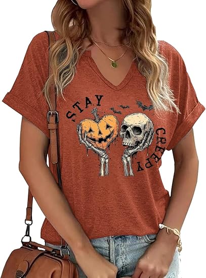 Earlymemb Women Fall Halloween Doodles V Neck Shirt Thanksgiving Casual Tee - skull leggings