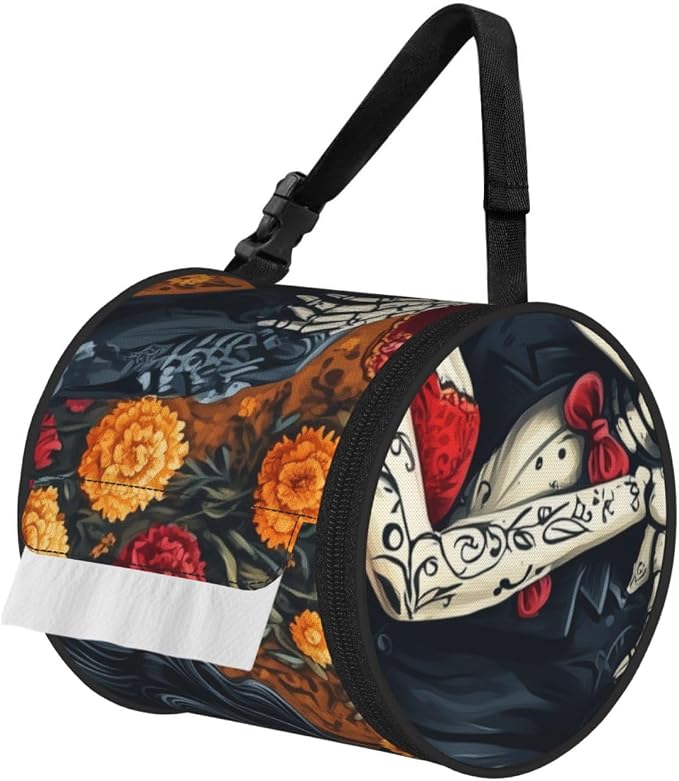 Portable Marigold-Romantic-Dead-Skeletons Toilet Paper Holder Bag, Round 600d Oxford Cloth Tissue Storage Bag with Zipper for Camping, Car, Travel, Bathroom and Office - skull toilet paper