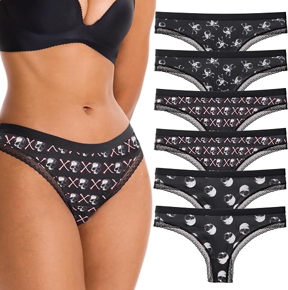 Women's Gothic Print Low‑Rise Thongs, Multipack Lace Trim Underwear - skull swimsuit