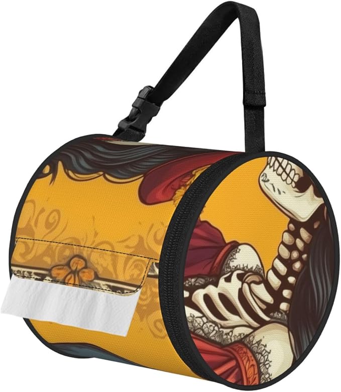 Portable Mexico-Marigold-Skeletons Toilet Paper Holder Bag, Round 600d Oxford Cloth Tissue Storage Bag with Zipper for Camping, Car, Travel, Bathroom and Office - skull toilet paper