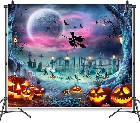 Halloween Photography Backdrop Scary Night Full Moon Pumpkin Ghost Witch Background Spooky Skull Iron Gate O’Lantern Halloween Party Decorations Wall Art Photo Booth Props Vinyl 10x8ft