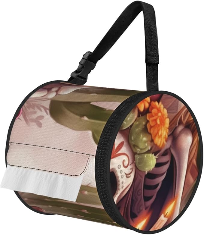 Portable Mexico-Skeletons-Candles-Cactus Toilet Paper Holder Bag, Round 600d Oxford Cloth Tissue Storage Bag with Zipper for Camping, Car, Travel, Bathroom and Office - skull toilet paper