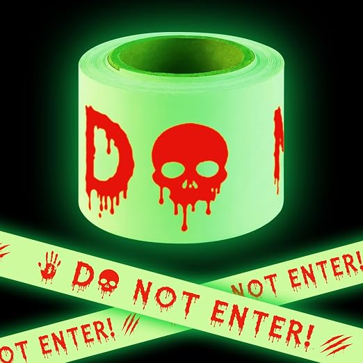 Glow in the Dark Halloween Caution Tape Decorations Scary Warning Tape Roll - skull sticker