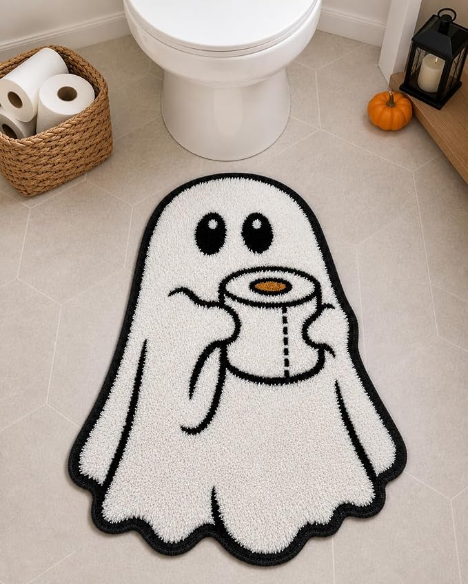 Halloween Ghost Bath Rug, Non Slip Microfiber Mat, 19.6 x 26.3 in - skull carpet