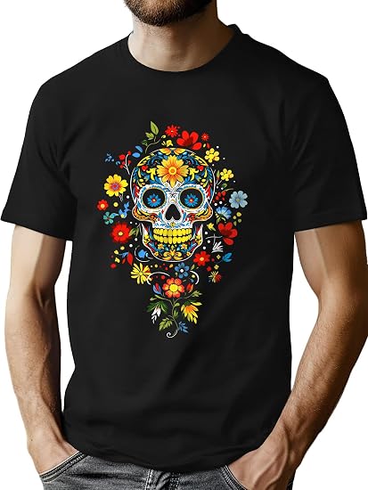 Dia De Los Muertos T-Shirt for Men Sugar Skull Graphic Short Sleeve Shirts - sugar skull makeup