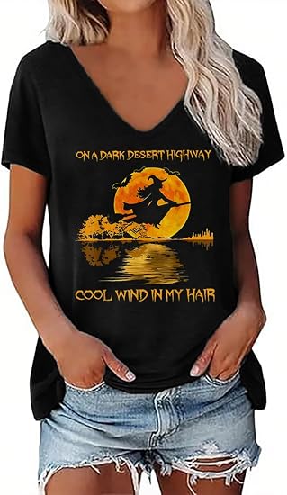 Halloween T-Shirt Women Vintage Graphic Tee Short Sleeve V Neck Fall Tops - skull jacket