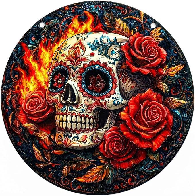 Day of the Dead Sugar Skull Round Hanging Sign Dia de Los Muertos Decorative Red Rose Sparkle Skull 2D Flat Acrylic Wall Hanging Decor Halloween Gothic Home Front Door Window Decor Gift - skull wreath