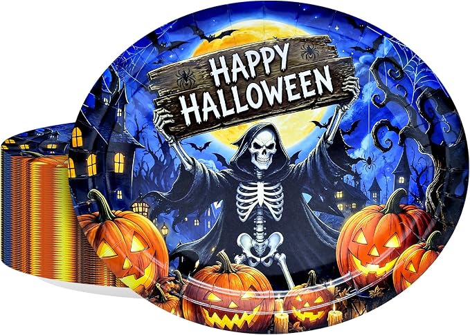 50 Pcs Halloween Oval Paper Plates – 9" x 11" Skeleton Pumpkin Disposable Plates with Haunted House Design for Halloween Party Dinner, Spooky Decorations and Fall Celebration Supplies - skull plate